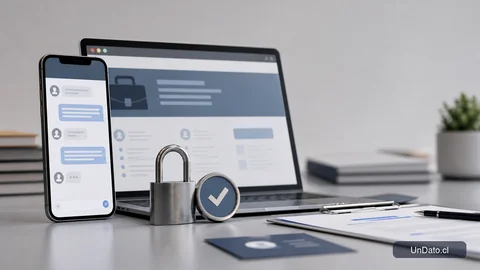 Teléfono con un chat de reclutamiento, una oferta laboral en el navegador y símbolos de verificación y seguridad.