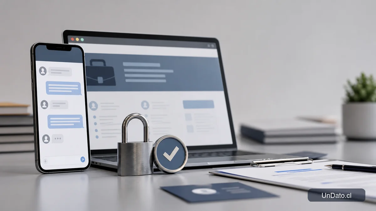 Teléfono con un chat de reclutamiento, una oferta laboral en el navegador y símbolos de verificación y seguridad.