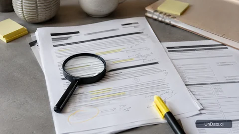 Una hoja de currículum con anotaciones, una lupa y un resaltador junto a un formulario de postulación.
