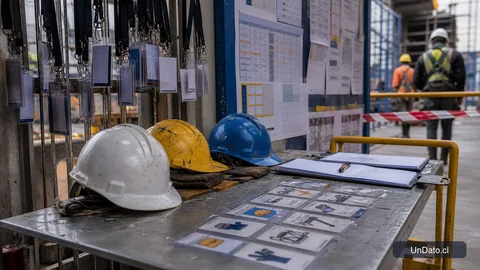Acceso de obra industrial con cascos, credenciales, pizarra de turnos, cintas de seguridad y tarjetas de capacitación.