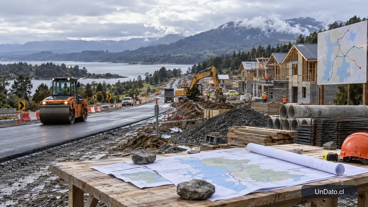 Obras de infraestructura y vivienda en Los Lagos con maquinaria, señalética vial, materiales y planos regionales