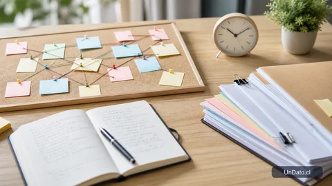 Tablero de planificación con tarjetas de colores, una libreta abierta y un reloj de pared pequeño.