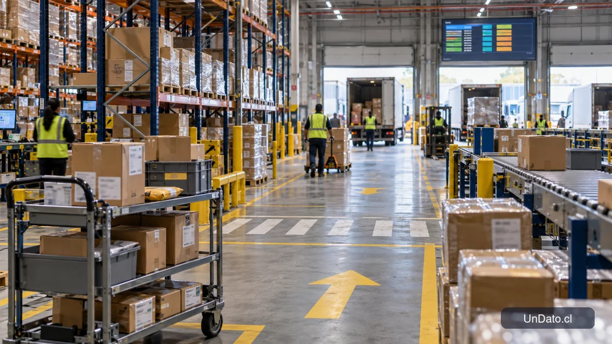 Centro de distribución con paquetes etiquetados, carros de picking, zonas de carga y un panel de turnos para una temporada de alta demanda