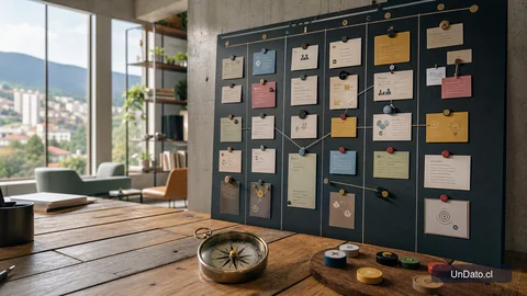 Un tablero con tarjetas de prioridades, una brújula, fichas de decisión y un flujo de trabajo en una sala moderna.