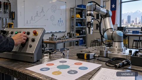 Sala de capacitación tecnológica con brazo robótico, panel de control y mapa de habilidades para adaptarse a la automatización