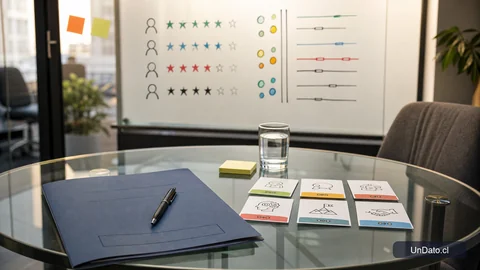 Sala de entrevista con pizarra de criterios, tarjetas de competencias y una carpeta de selección sobre una mesa de vidrio.