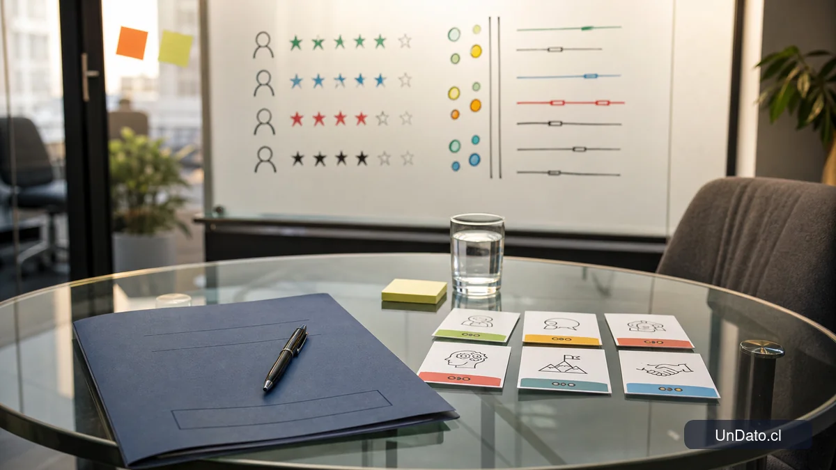 Sala de entrevista con pizarra de criterios, tarjetas de competencias y una carpeta de selección sobre una mesa de vidrio.