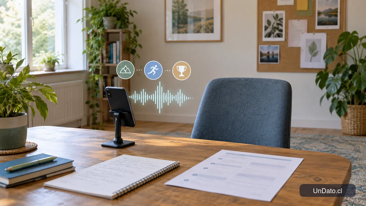 Espacio de práctica para una entrevista con un teléfono grabando y tarjetas que representan experiencia, acciones y resultados