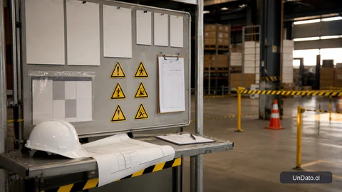 Tablero de seguridad industrial con casco, plano de planta, checklist de inspección, cinta de advertencia y señalética de riesgos.