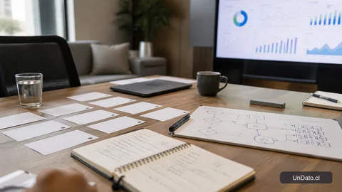 Mesa de entrevista con tarjetas de preguntas, un diagrama de uso de inteligencia artificial y un panel con métricas de impacto.