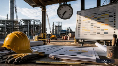 Plano de obra con casco, reloj industrial y cronograma de turnos sobre una mesa en una faena.