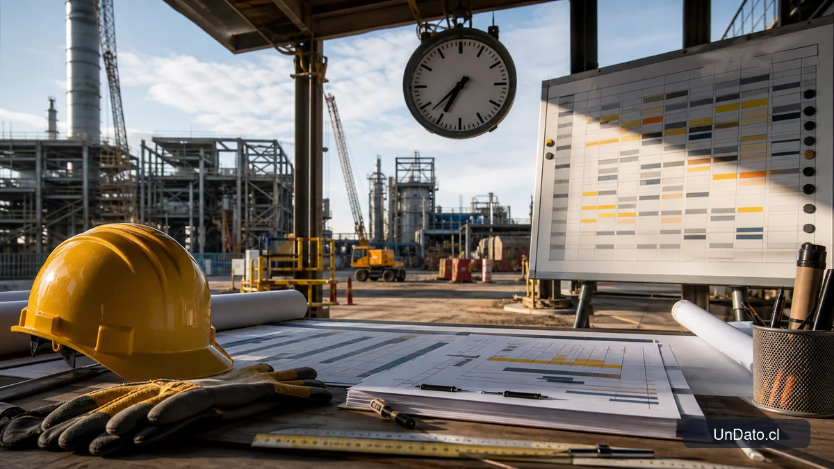 Plano de obra con casco, reloj industrial y cronograma de turnos sobre una mesa en una faena.
