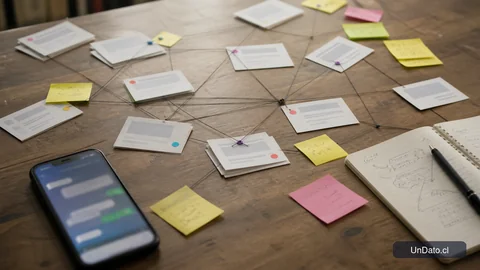 Un mapa de conexiones con tarjetas de empresas, líneas entre contactos, un teléfono con mensajes de seguimiento y notas de priorización.