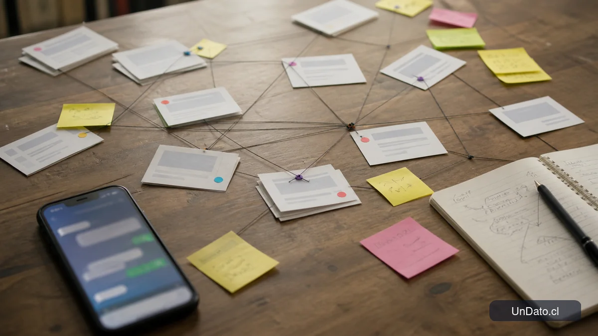 Un mapa de conexiones con tarjetas de empresas, líneas entre contactos, un teléfono con mensajes de seguimiento y notas de priorización.