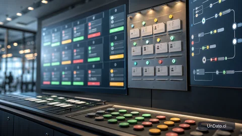 Sala de control con tablero digital de vacantes y flujo de selección para evaluar talento adaptable.