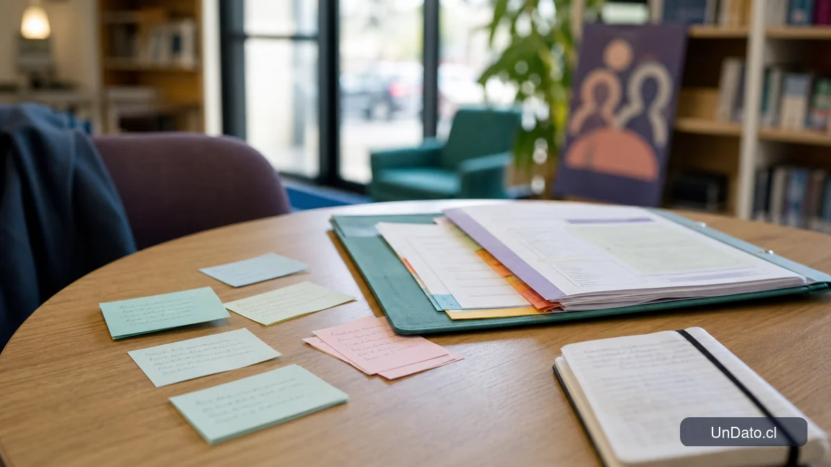 Mesa de orientación laboral en una biblioteca con tarjetas de feedback y una carpeta de apoyo para entrevistas.