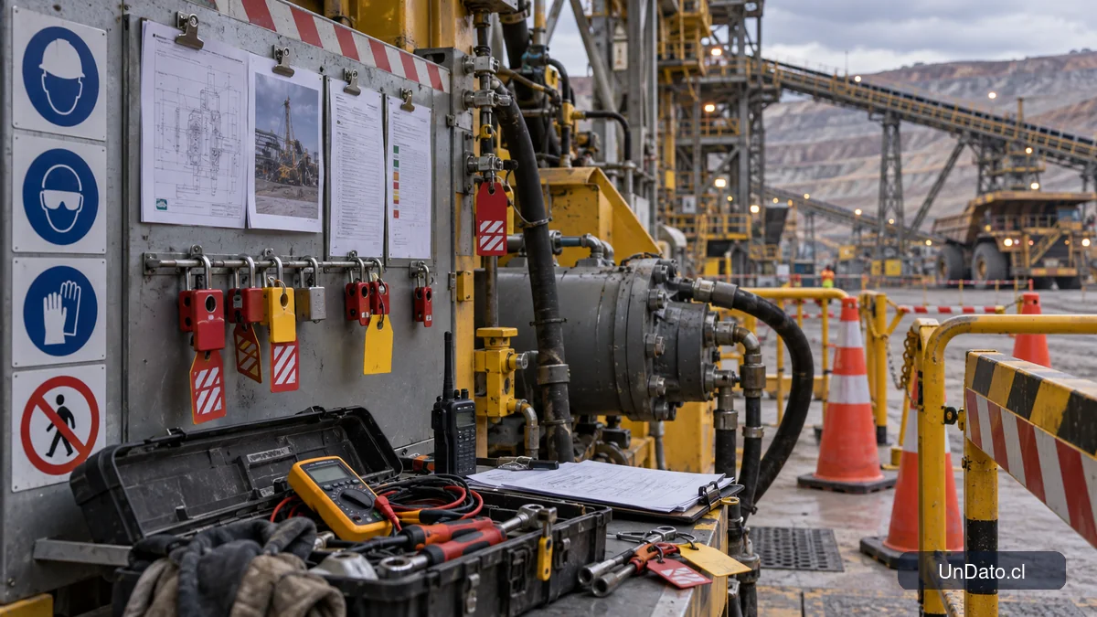 Área de mantención minera señalizada con controles de bloqueo, herramientas de inspección y protocolos de seguridad