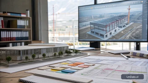 Mesa técnica con una maqueta de infraestructura, planos, un modelo 3D de obra en pantalla y fichas de coordinación.