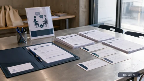 Panel institucional con una carpeta de postulación abierta, copias impresas alineadas, tarjetas de preguntas y un letrero de taller de entrevista.