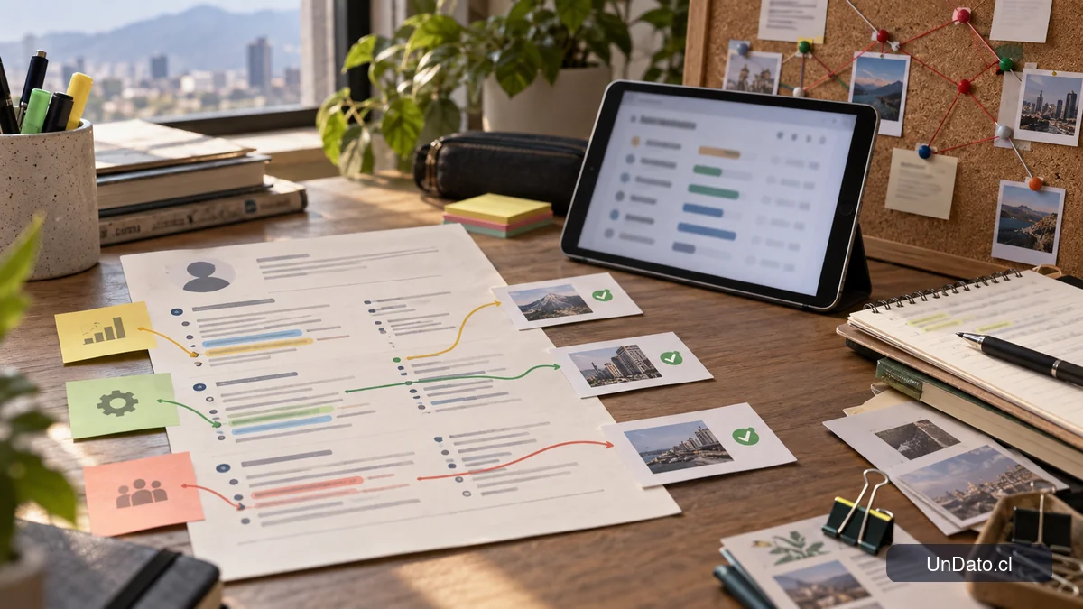 Currículum impreso revisado con tarjetas de habilidades, ejemplos de experiencia y conexiones profesionales