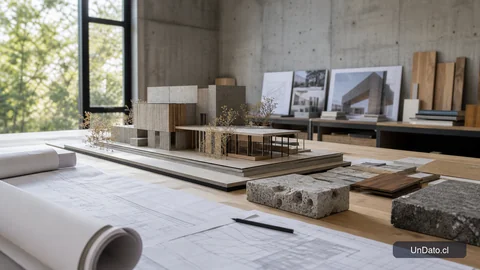 Maqueta arquitectónica con piezas de concreto y madera, planos y muestras de materiales sobre una mesa de taller.