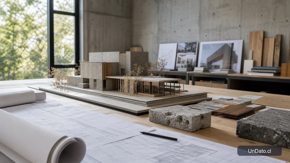 Maqueta arquitectónica con piezas de concreto y madera, planos y muestras de materiales sobre una mesa de taller.