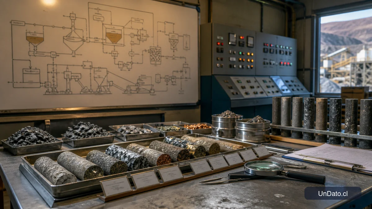 Banco técnico con muestras minerales, un diagrama de proceso y un panel de control industrial en una faena minera