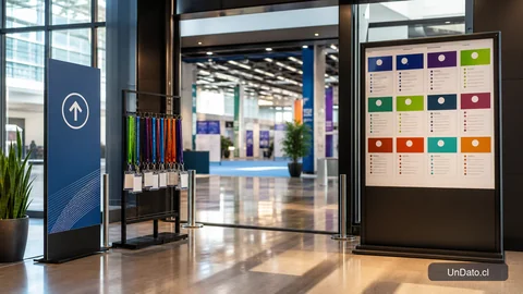 Acceso de feria laboral con señalética, credenciales y un panel de vacantes para representar una postulación presencial mejor preparada.