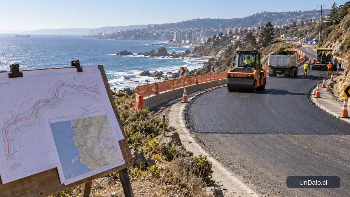 Faena de conservación vial en un camino costero de la Región de Valparaíso, con maquinaria y señalización de obra.