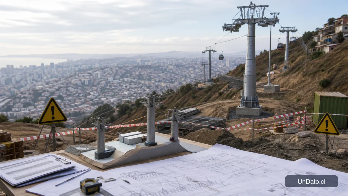 Trazado de un teleférico sobre una ladera con torres de apoyo, señalética de obra y planos técnicos en primer plano.