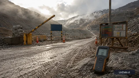Camino de acceso a una faena minera con señal de ingreso, barrera y elementos de control del terreno para un retorno seguro.