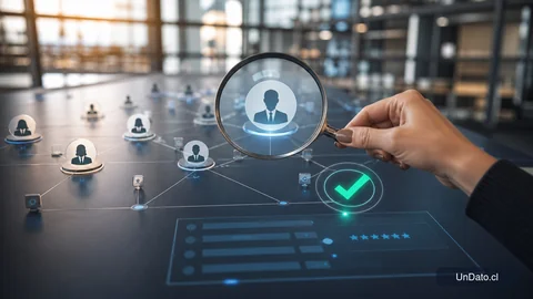 Panel visual de reclutamiento con nodos digitales conectados, una ficha de postulante ampliada y un sello de verificación.