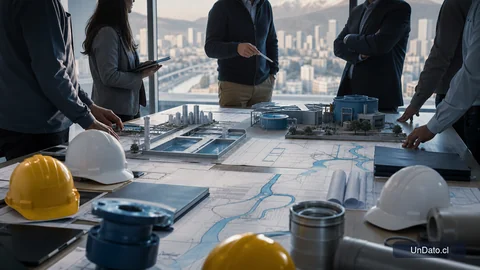 Mesa de trabajo en Santiago con planos de un ducto de agua, cascos de seguridad y maquetas de infraestructura revisadas por técnicos y ejecutivos.