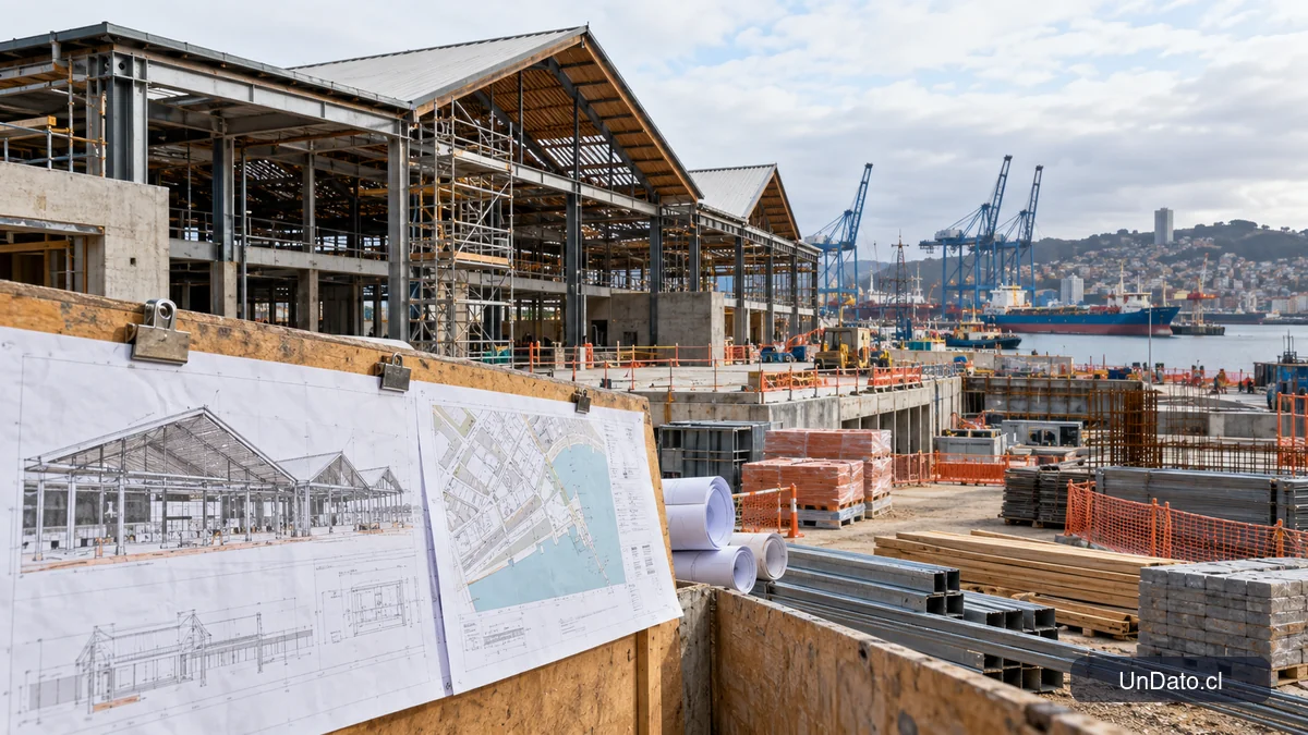 Obras de reconstrucción de un mercado urbano en Talcahuano con planos y materiales de construcción