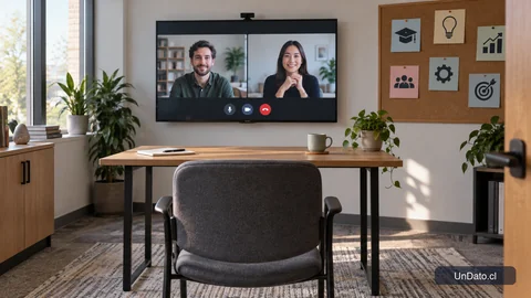 Sala de entrevista remota con una videollamada laboral en pantalla y elementos gráficos sobre experiencia y habilidades.