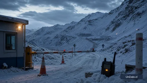 Acceso a una faena minera en zona de montaña con nieve acumulada, barrera de ingreso y caseta de control.