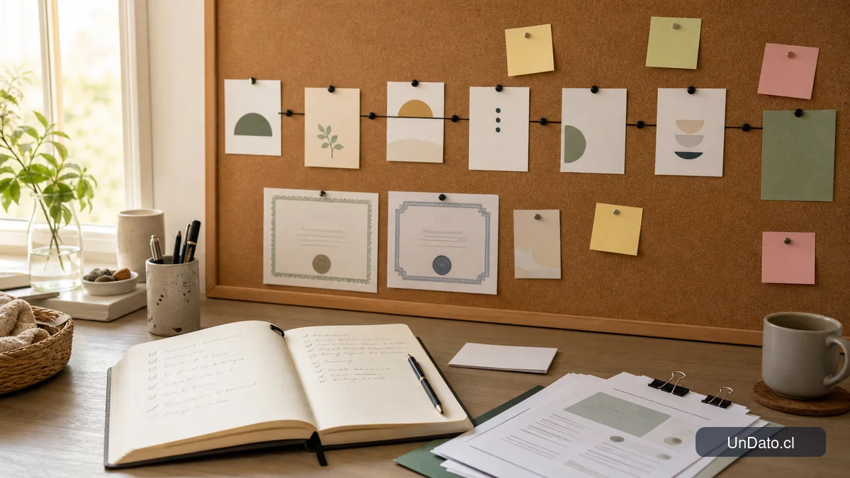Línea de tiempo laboral con tarjetas de hitos, certificados de cursos cortos y una libreta abierta para planificar el reingreso.