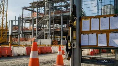 Frente de obra con conos, barreras de seguridad, un arnés, señalética de acceso y un tablero de permisos junto a una estructura de acero.