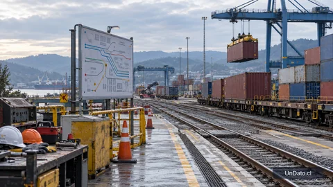 Patio ferroviario intermodal del Biobío con vagones de carga, contenedores y señalética de seguridad industrial