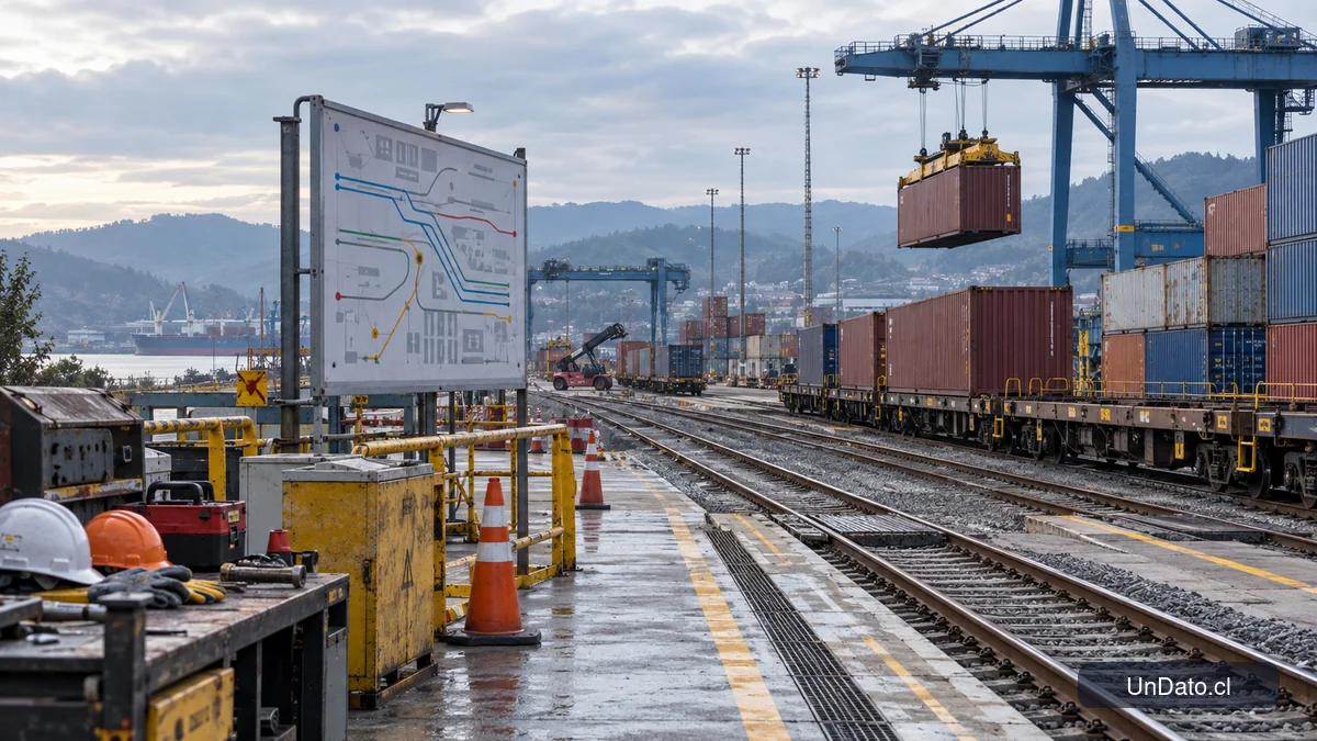 Patio ferroviario intermodal del Biobío con vagones de carga, contenedores y señalética de seguridad industrial