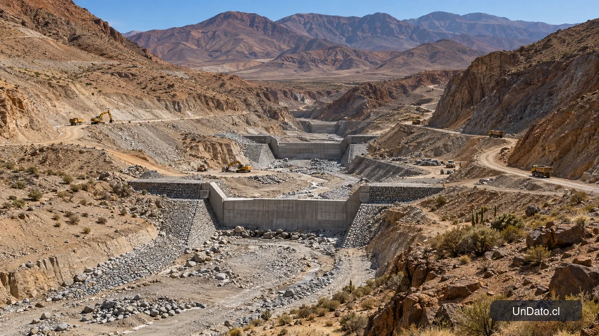 Obra de mitigación aluvional en una quebrada de Atacama con maquinaria y caminos de construcción