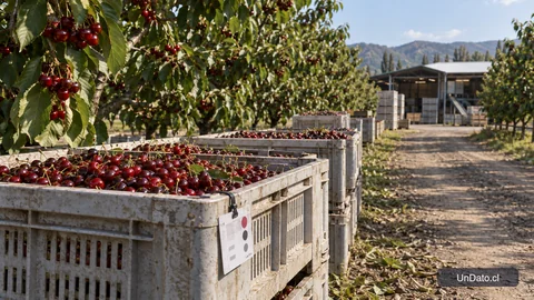 Cajas de cerezas cosechadas junto a etiquetas de control en un huerto del Maule.