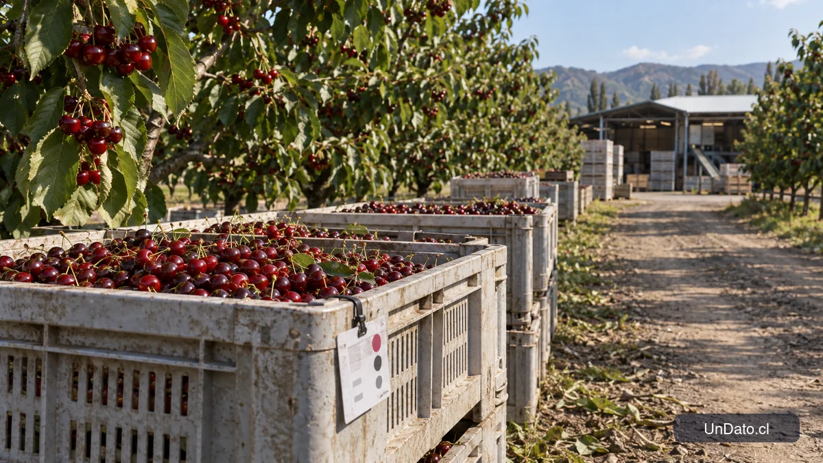Cajas de cerezas cosechadas junto a etiquetas de control en un huerto del Maule.
