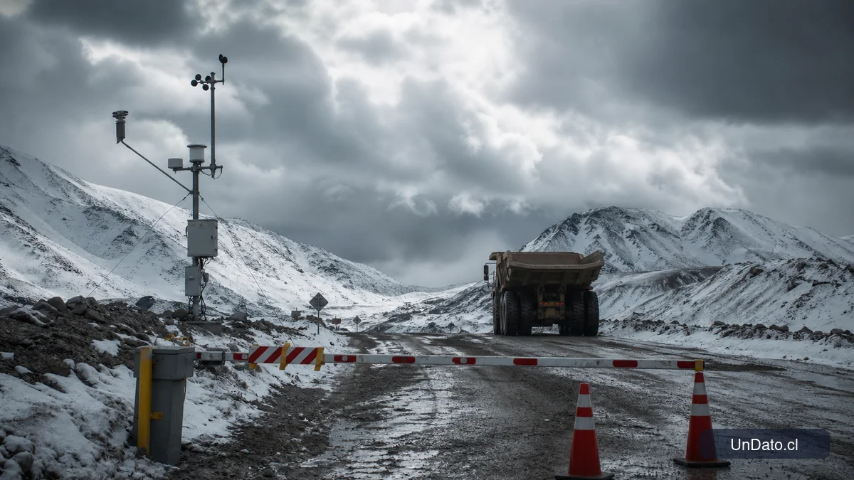 Camino cordillerano hacia una faena minera con nieve, barrera de cierre preventivo, un camión detenido y equipos de monitoreo meteorológico.