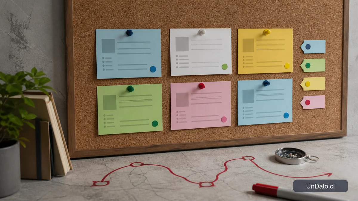 Tablero con vacantes organizadas por colores, una brújula y etiquetas de criterios para una búsqueda de empleo más enfocada.