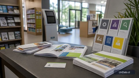 Mostrador de biblioteca con folletos de empleo, un tótem de consulta, una tarjeta de usuario y señalética de talleres laborales.