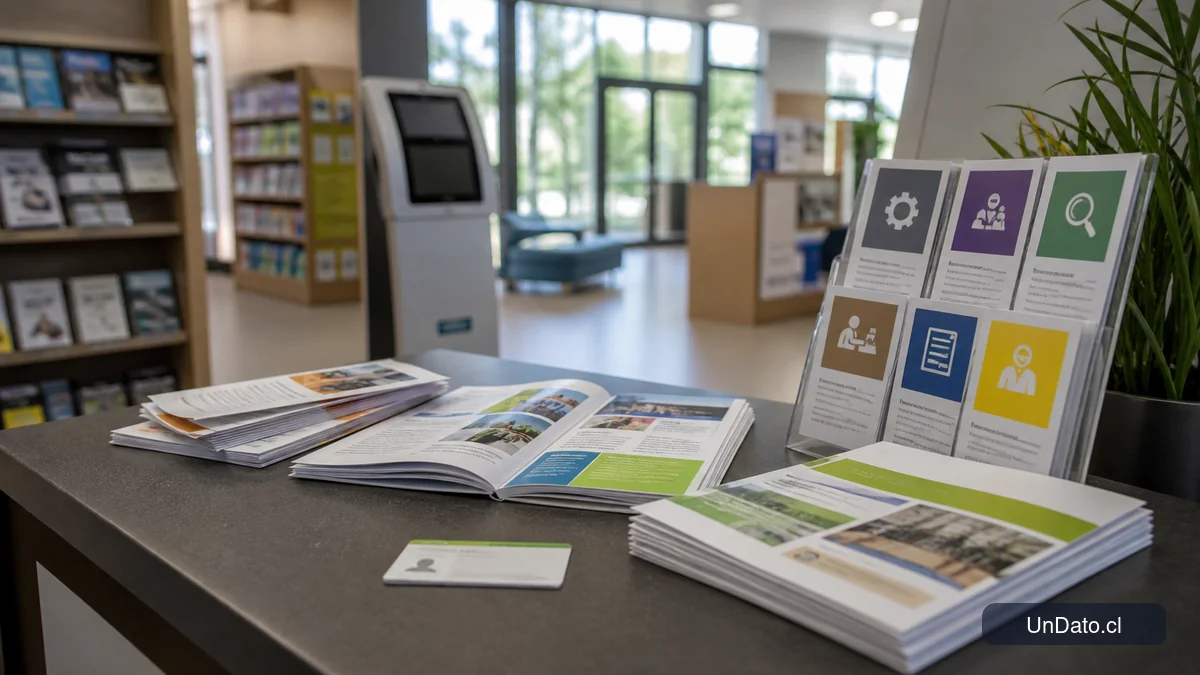 Mostrador de biblioteca con folletos de empleo, un tótem de consulta, una tarjeta de usuario y señalética de talleres laborales.
