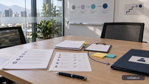 Sala de entrevista laboral con criterios de evaluación, preguntas y próximos pasos del proceso de selección