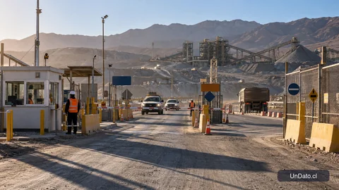 Acceso señalizado a una faena minera del norte de Chile con caseta de coordinación y planta concentradora al fondo.