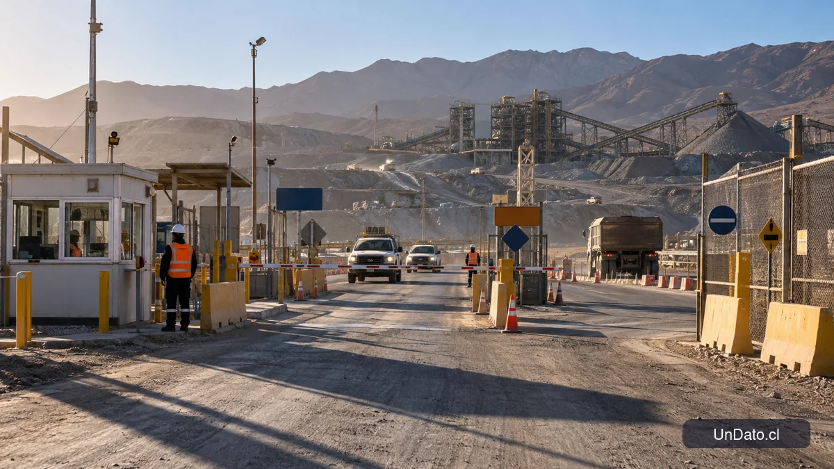 Acceso señalizado a una faena minera del norte de Chile con caseta de coordinación y planta concentradora al fondo.